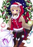  christmas gift hat highres koi_(koisan) long_hair original pantyhose purple_eyes sack santa_costume santa_hat solo violet_eyes 
