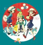 3girls character_request chikorita chingling color_coordination cyndaquil egg hat jumpluff kinohe kotone_(pokemon) marill multiple_girls multiple_persona overalls pikachu poke_ball pokemon pokemon_(game) pokemon_gsc pokemon_hgss thighhighs togepi togepi_(cameo) totodile wooper yellow_eyes