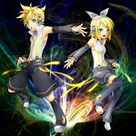  arm_warmers bad_id blonde_hair brother_and_sister detached_sleeves fingerless_gloves gloves hair_ornament hair_ribbon hairclip headphones highres kagamine_len kagamine_len_(append) kagamine_rin kagamine_rin_(append) leg_warmers navel navel_cutout ribbon short_hair shorts siblings smile twins ueno_tsuki vocaloid vocaloid_append 