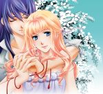  1girl blonde_hair closed_eyes couple eyes_closed flower gradient gradient_background hand_holding hiiragi_yuki_(escape_club) holding_hands hug hug_from_behind jewelry long_hair macross macross_frontier outline purple_hair red_string saotome_alto sheryl_nome single_earring sleeves_rolled_up string 