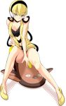  bare_legs bare_shoulders blonde_hair blush bottomless breasts cable cleavage covering covering_crotch green_eyes gym_leader headphones high_heels kamitsure_(pokemon) legs no_legwear open_mouth pokemon pokemon_(game) pokemon_black_and_white pokemon_bw shoes short_hair sitting stunfisk wire 