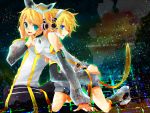 arm_warmers blonde_hair brother_and_sister detached_sleeves hair_ornament hair_ribbon hairclip hand_on_headphones headphones kagamine_len kagamine_len_(append) kagamine_rin kagamine_rin_(append) mei_(loopin) ribbon short_hair shorts siblings smile twins vocaloid vocaloid_append 