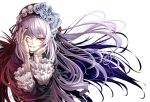  berries covering_one_eye doll_joints flower frills hairband hands_on_own_face red_eyes rose rozen_maiden shiokonbu silver_hair smirk solo suigintou white_rose wings 