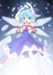  arms_up blue_eyes blue_hair cirno fuiyu_(feuille0818) ice lowres open_mouth short_hair solo touhou 