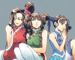  80s 90s bare_shoulders bei_pooh braid brown_eyes brown_hair capcom character_request china_dress chinese_clothes hpa_(pixiv) long_hair multiple_girls oldschool sai_pooh simple_background strider_(video_game) ton_pooh tong_poo twin_braids video_game 