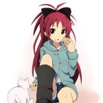  amano_(els573) boots brown_eyes casual cat denim denim_shorts feeding food food_on_face long_hair mahou_shoujo_madoka_magica navel ponytail red_hair redhead sakura_kyouko shorts simple_background sitting solo taiyaki wagashi 