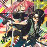  black_hair gloves grin gun highschool_of_the_dead hirano_kohta long_hair ochakai_shinya pink_hair rifle school_uniform smile takagi_saya thighhighs twintails weapon 