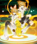  arm_warmers bass_clef binary blonde_hair brother_and_sister detached_sleeves hair_ornament hair_ribbon hairclip hand_on_headphones headphones highres kagamine_len kagamine_len_(append) kagamine_rin kagamine_rin_(append) leg_warmers navel ribbon rico_(fbn3) short_hair shorts siblings treble_clef twins vocaloid vocaloid_append 