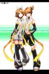  blonde_hair brother_and_sister detached_sleeves green_eyes hair_ribbon headphones highres kagamine_len kagamine_len_(append) kagamine_rin kagamine_rin_(append) leg_warmers navel navel_cutout ribbon short_hair shorts siblings smile twins umimami vocaloid vocaloid_append 