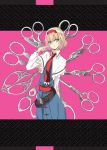 alice_margatroid belt blonde_hair blue_dress blue_eyes buckle capelet dress hairband head_tilt looking_at_viewer nabeshima_tetsuhiro necktie pink_background pointing pointing_at_self sash scissors short_hair solo standing touhou 