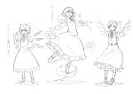  3girls alternate_costume arms_behind_back cirno daiyousei detached_wings dress floating full_body hand_on_hip kuroi_yasu monochrome multiple_girls rumia short_hair side_ponytail skirt skirt_set touhou translation_request wings 