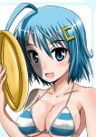  blue_eyes blue_hair breasts cleavage frisbee large_breasts mint_(cerbi) original short_hair solo striped striped_bikini striped_swimsuit swimsuit 