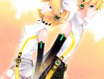  arm_warmers back-to-back bad_id blonde_hair brother_and_sister detached_sleeves hair_ornament hair_ribbon hairclip headphones heki_kiri highres kagamine_len kagamine_len_(append) kagamine_rin kagamine_rin_(append) popped_collar ribbon short_hair shorts siblings twins vocaloid vocaloid_append 