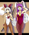  animal_ears bunny_ears bunnysuit closed_eyes eyes_closed fishnet_pantyhose fishnets ghost green_eyes katana konpaku_youmu konpaku_youmu_(ghost) long_hair multiple_girls myon pantyhose purple_hair reisen_udongein_inaba short_hair silver_hair sword tears the_black touhou translation_request weapon 