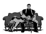  1boy 1girl bare_shoulders barefoot belt couch dress fullmetal_alchemist gloves homunculus lap_pillow long_hair looking_at_viewer lying magnitude27 military_uniform monochrome muscle mustache on_side pride short_hair simple_background sitting skin_tight sloth smirk sword weapon white_background 