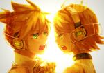  blonde_hair brother_and_sister face green_eyes hair_ribbon headphones highres kagamine_len kagamine_len_(append) kagamine_rin kagamine_rin_(append) ohagi_(ymnky) open_mouth ribbon short_hair siblings singing twins vocaloid vocaloid_append 