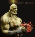  bandage bandages birthday candle capcom eyepatch gift happy_birthday holding holding_gift lips male muscle sagat scar shirtless smile solo street_fighter teeth toshi 