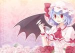  1girl bad_id bat_wings blue_hair bow chocho_(homelessfox) cup dress fang flower hat multicolored_rose open_mouth pink_rose red_eyes red_rose remilia_scarlet rose short_hair smile solo spill touhou white_rose wine_glass wings wrist_cuffs wristband 