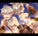  1girl arm_warmers bad_id blonde_hair blue_eyes brother_and_sister detached_sleeves hair_ribbon headphones kagamine_len kagamine_len_(append) kagamine_rin kagamine_rin_(append) letterboxed microphone microphone_stand ribbon short_hair siblings smile t0mare tomare_(akashingou) twins vocaloid vocaloid_append 