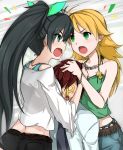  black_hair blonde_hair blood casual fighting ganaha_hibiki green_eyes hoshii_miki hug idolmaster long_hair minazuki_randoseru nosebleed oudanhodou ponytail producer_(idolmaster) 