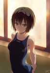  amagami arms_behind_back bare_shoulders black_eyes black_hair brown_eyes competition_swimsuit face looking_at_viewer looking_up nanasaki_ai one-piece_swimsuit short_hair smile solo standing swimsuit tasiros window 