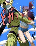  cell_(dragon_ball) creator_connection crossover denim denim_shorts dr._slump dragon_ball dragon_ball_z dragonball_z epic glasses groin_kick hat highres kakkii kicking norimaki_arale palm_strike purple_eyes purple_hair shorts tamakeri violet_eyes 