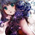  bare_shoulders black_rose black_rose_(flower) breasts flower green_eyes green_hair gumi highres nobu_yan open_mouth purple_rose rose solo vocaloid 