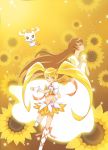  artist_request blonde_hair boots brown_background brown_hair cure_sunshine dress dual_persona floral_background flower gradient gradient_background heartcatch_precure! highres long_hair magical_girl midriff myoudouin_itsuki navel orange_dress pochikoro potpourri_(heartcatch_precure!) potpourri_(precure) precure skirt sunflower wrist_cuffs yellow yellow_background yellow_dress yellow_eyes 