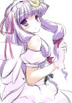  alternate_costume bare_shoulders blush bow coo crescent crescent_moon gloves hair_bow hair_ornament long_hair looking_back patchouli_knowledge purple_eyes purple_hair sketch solo touhou violet_eyes wings 