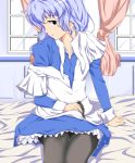  black_eyes blue_hair braid chobits maid pantyhose sitting tenpura_(artist) undressing window yuzuki 