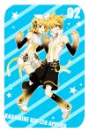  aqua_eyes arm_warmers bad_id blonde_hair brother_and_sister character_name detached_sleeves hair_ornament hair_ribbon hairclip headphones highres kagamine_len kagamine_len_(append) kagamine_rin kagamine_rin_(append) navel navel_cutout ribbon short_hair shorts siblings twins vocaloid vocaloid_append 