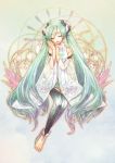  a-gatha alternate_costume aqua_hair bad_id barefoot closed_eyes detached_sleeves dress eyes_closed flower hatsune_miku hatsune_miku_(append) long_hair miku_append sitting solo thigh-highs thighhighs twintails very_long_hair vocaloid vocaloid_append 