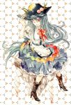  adjusting_hat blue_hair boots dress hat high_heels hinanawi_tenshi red_eyes ribbon shoes smile solo touhou uram 