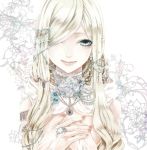  bare_shoulders blue_eyes face flower hair_ornament hair_over_one_eye hands hands_together jewelry lips long_hair nail_polish necklace original ring rose smile solo ut_(apt) white_hair white_rose 