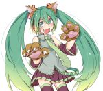  animal_costume animal_ears cat_ears cat_paws detached_sleeves fang gloves gradient_hair green_eyes green_hair hatsune_miku headset long_hair multicolored_hair nana_(from_sky) necktie open_mouth paw_gloves paws simple_background skirt solo thigh-highs thighhighs twintails very_long_hair vocaloid 