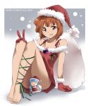  bare_legs bare_shoulders barefoot brown_eyes brown_hair censored chibi christmas convenient_censoring feet gloves hat ikamusume kaiga leg_ribbon mini-ikamusume minigirl ribbon santa_costume santa_hat shinryaku!_ikamusume short_hair v 