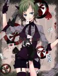  ace blue_eyes card card_in_mouth face_paint facepaint falling_card formal garters gloves green_hair grey_card gumi highres holding holding_card horns manya_(artist) manya_(mohu_is-mine) manyako_(mohumohu) mouth_hold necktie playing_card poker_face_(vocaloid) short_hair shorts smile solo suit thigh-highs thighhighs vocaloid 