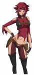  bare_shoulders blue_eyes boots breasts carmen99 carmen99_(cosplay) code_geass cosplay gloves gunxsword hand_on_hip headband highres hips jpeg_artifacts kallen_stadtfeld large_breasts midriff parody photoshop red_hair redhead short_hair solo thigh-highs thigh_boots thighhighs 
