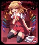  ascot blonde_hair checkered flandre_scarlet hat hat_removed headwear_removed ponytail red_eyes short_hair side_ponytail solo subaru_noji thigh-highs thighhighs touhou wings 