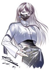  1girl absurdres bang_dream! bang_dream!_it&#039;s_mygo!!!!! black_mask black_skirt blue_eyes borrowed_accessory breasts chinese_commentary commentary_request earrings floating_hair hair_ornament hairclip hand_on_own_hip hero45439083942 highres jewelry long_hair long_sleeves mask mole mole_under_eye mouth_mask shiina_taki sideboob skirt solo timoris_(bang_dream!) violet_eyes yahata_umiri 