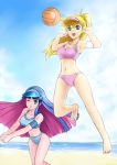  ball barefoot beach beach_volleyball blonde_hair blue_eyes blue_hair breasts cleavage jumping long_hair multicolored_hair panty_&amp;_stocking_with_garterbelt panty_(character) panty_(psg) ponytail sports_bikini stocking_(character) stocking_(psg) swimsuit tomw two-tone_hair visor visor_cap volleyball wink 