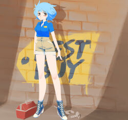  1girl best_buy black_eyes blue_eyes blue_hair blue_shirt blue_shoes blush brick_wall brown_shorts closed_mouth collared_shirt commentary_request cookie_(touhou) expressionless full_body highres kawashiro_nitori kofji_(cookie) looking_at_viewer messy_hair screw shirt shoes short_hair shorts sneakers solo toolbox touhou ukiwagirl wrench 