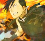  black_hair braid claws clenched_teeth fullmetal_alchemist greed hair_over_one_eye homunculus male ponytail pose red_eyes smoke solo tame teeth 