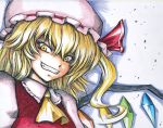  bad_id blonde_hair evil_grin evil_smile fangs flandre_scarlet grin hat iroha_(nullpo) smile solo the_embodiment_of_scarlet_devil touhou traditional_media yellow_eyes 