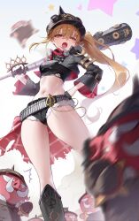  1girl baseball_bat belt black_helmet blonde_hair boar_boy boots breasts crop_top hair_between_eyes hand_on_hip hearts helmet long_hair looking_at_viewer looking_down luciana_de_montefio medium_hair navel open_mouth ponytail red_eyes ripped_shirt short_shorts small_breasts stars thighs tusks zenless_zone_zero 