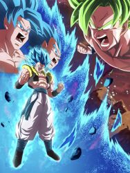  4boys abs aura bare_shoulders black_vest blue_eyes blue_hair blue_sash broly_(dragon_ball_super) clenched_hands cropped_vest dragon_ball dragon_ball_super dragon_ball_super_broly full_body gogeta green_hair highres legendary_super_saiyan male_focus medium_hair metamoran_vest multiple_boys muscular muscular_male no_shirt open_clothes open_vest pants powering_up sash scar scar_on_chest scar_on_face son_goku spiky_hair super_saiyan super_saiyan_blue urotakanata02 vegeta vest white_pants 