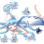  barefoot blue_hair chibi closed_eyes dress eyes_closed hat highres ikamusume ink long_hair mini-ikamusume minigirl multiple_persona odd_one_out on_stomach pokemon pokemon_(creature) shark sharpedo shinryaku!_ikamusume squid_ink sumeshi_(4165) tentacle_hair 