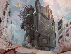  1girl animal_ears arknights assault_rifle ballistic_shield black_eyes black_gloves black_hair black_jacket black_shirt black_thighhighs blue_sky breasts building cat_ears cat_girl day dust_cloud ears_down english_text floating_hair full_body gloves glowing glowing_eyes gun highres holding holding_gun holding_weapon jacket jessica_(arknights) jessica_the_liberated_(arknights) large_breasts mutomorokoshi on_one_knee open_clothes open_jacket outdoors ponytail projectile_trail rifle shield shirt sky solo sparks speech_bubble squatting taking_cover thigh-highs under_fire weapon yellow_pupils 