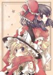  blonde_hair bow brown_eyes brown_hair detached_sleeves hair_bow hakurei_reimu hat highres kirisame_marisa long_hair miko multiple_girls perfect_cherry_blossom poprication scarf smile touhou witch witch_hat 