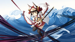  absurdres animal_ears azur_lane black_hair black_thighhighs detached_sleeves fox_ears hat highres hime_cut holding holding_sword holding_weapon japanese_clothes koebushi_(mat) miko mutsu_(azur_lane) mutsu_(warring_states_warship)_(azur_lane) ocean ribbon-trimmed_sleeves ribbon_trim shoes sword thigh-highs waves weapon wide_sleeves yellow_eyes 